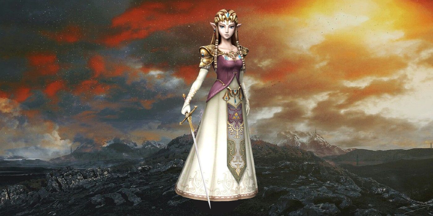 Princess Zelda from Twilight Princess is posed in front of a war-torn Hyrule Castle.