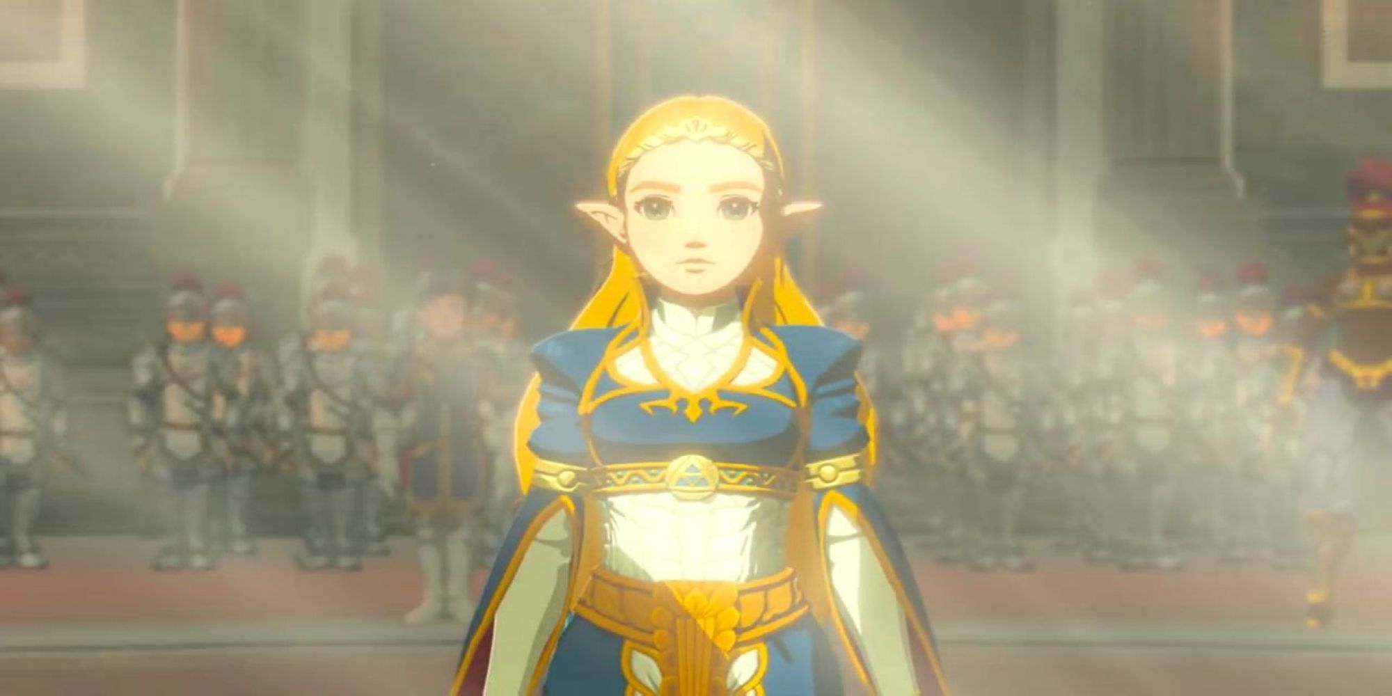 Zelda from The Legend of Zelda: Breath of the Wild stands at attention in her royal garb, with a troop of soldiers lining the wall behind her.