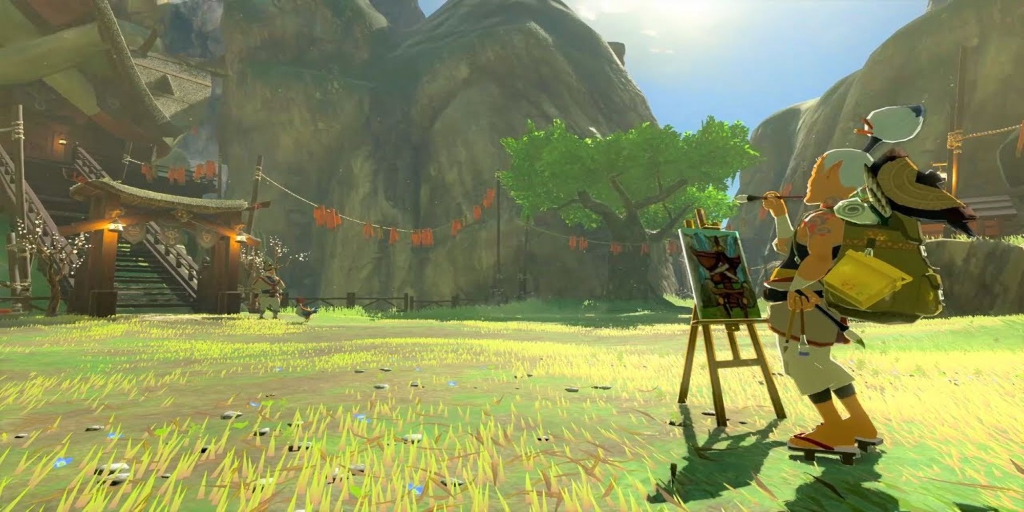Pikango from The Legend of Zelda: Breath of the Wild paints a nearby structure.