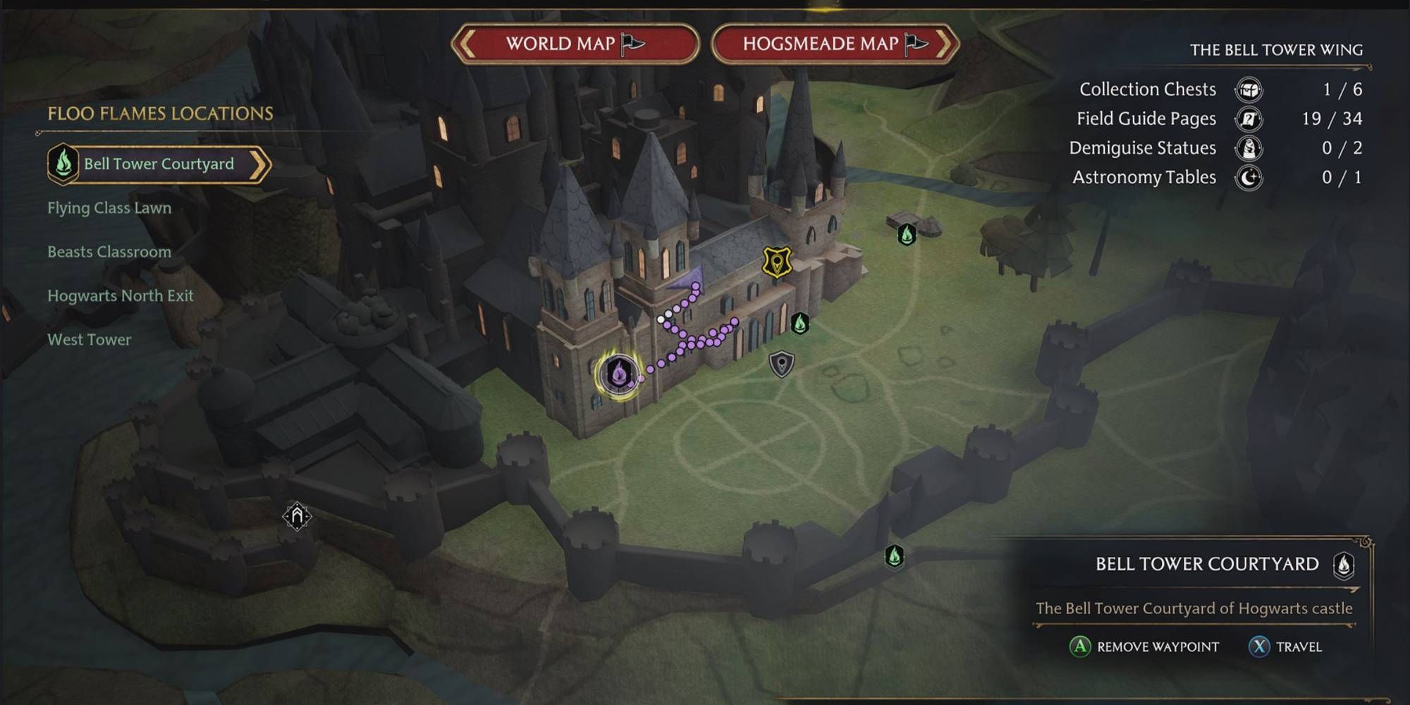 Hogwarts Legacy Bell Tower Wing Portion of Map with marker of Floo Flame Fast Travel to Bell Tower Courtyard Player Perspective Screenshot