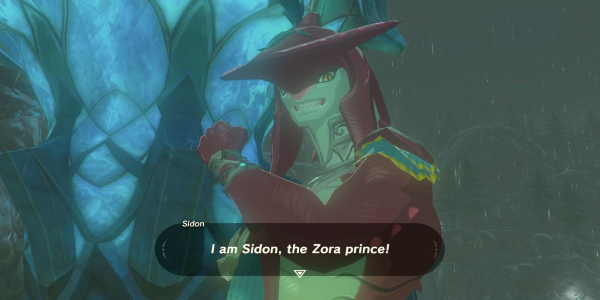 Sidon from The Legend of Zelda: Breath of the Wild points to himself with gusto as he introduces himself.