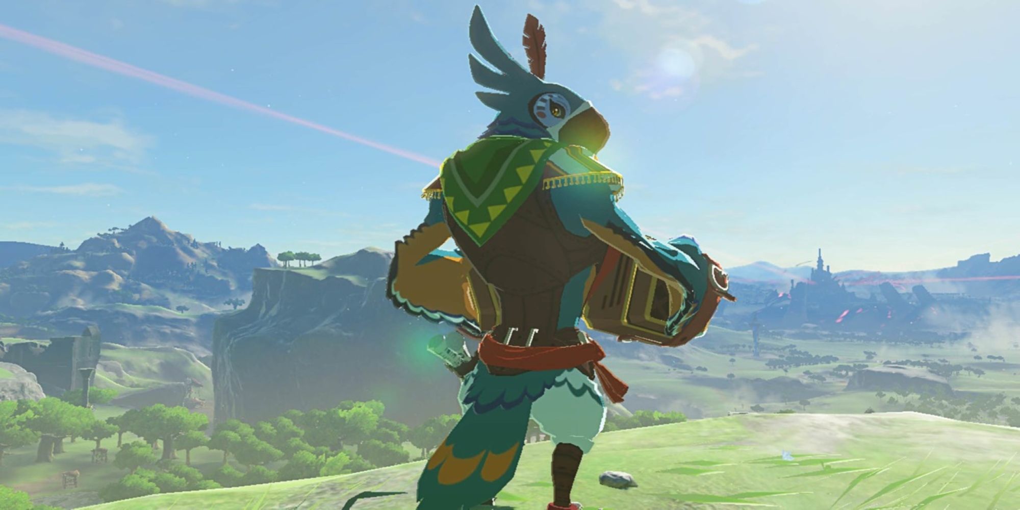 Kass from The Legend of Zelda: Breath of the Wild turns to see who approaches while playing his accordion.