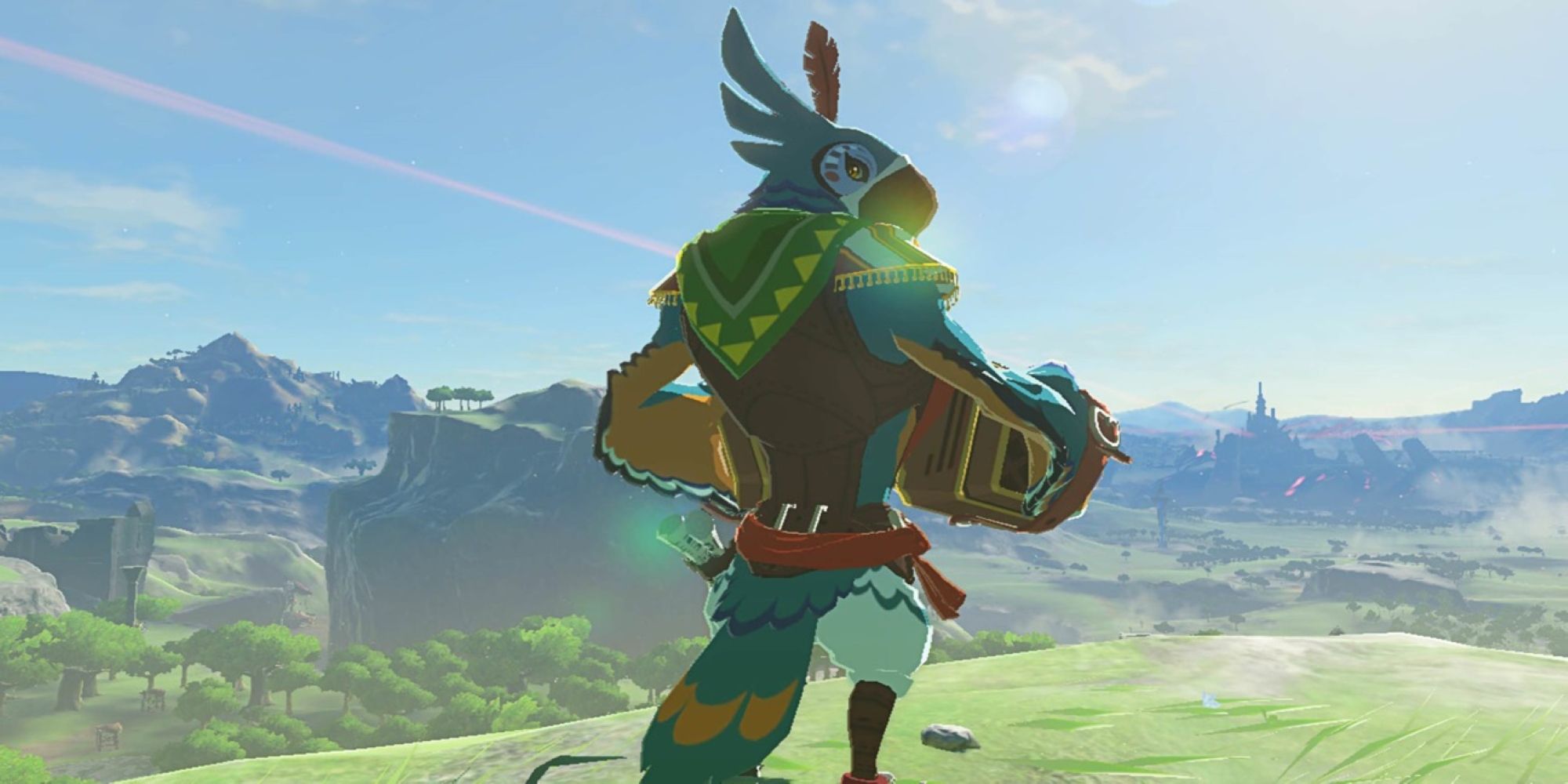 Kass dari The Legend of Zelda: Breath of the Wild menoleh untuk melihat siapa yang mendekat sambil memainkan akordeonnya.