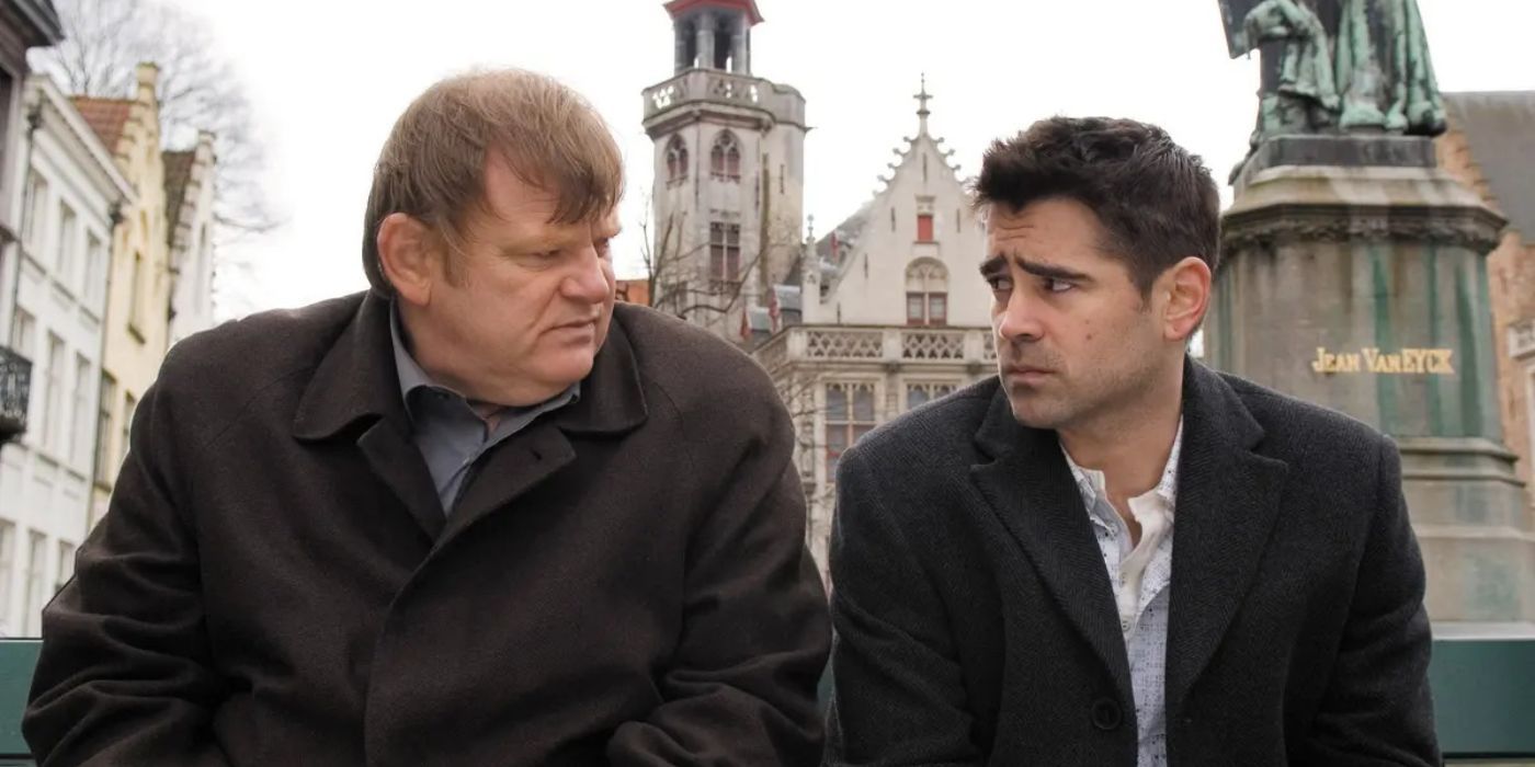 Colin Farrell y Brendan Gleeson mirándose en In Bruges.