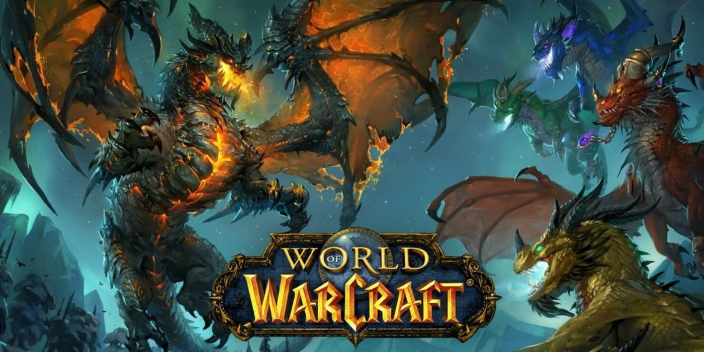 Deathwing fighting the other Dragon Aspects in World of Warcraft.