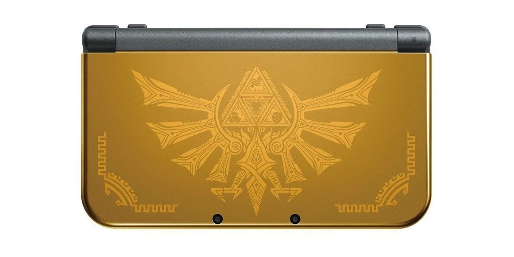 New 3DS XL with gold exterior featuring an intricate image of the Hylian Crest.