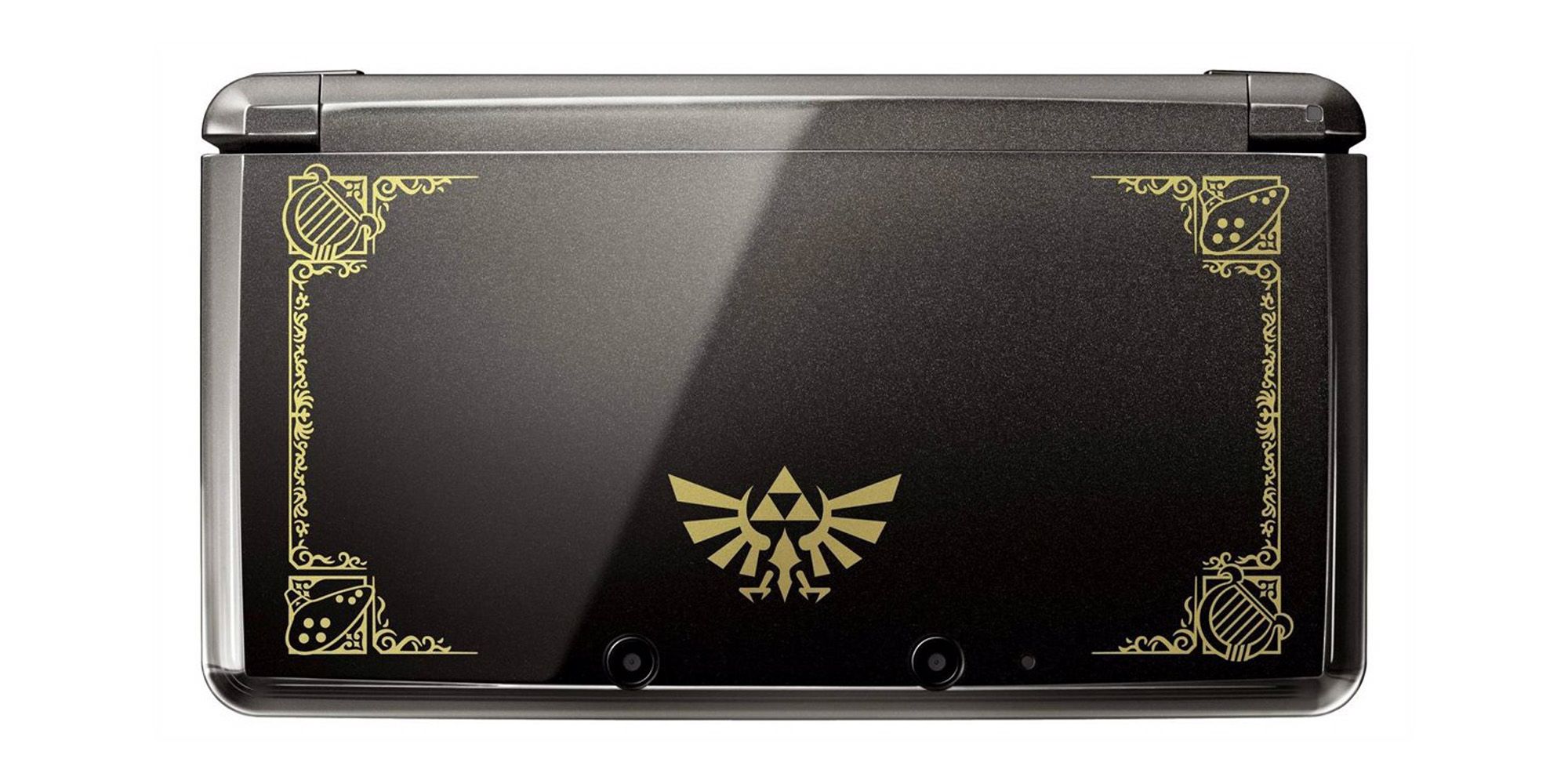 Black 3DS with a gold border and the Zelda Hyrule Crest.