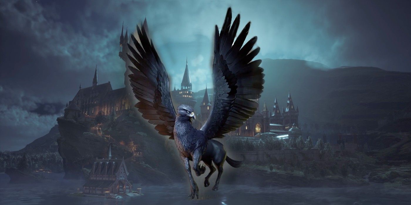 Hipogrifo Onyx com Hogwarts como pano de fundo
