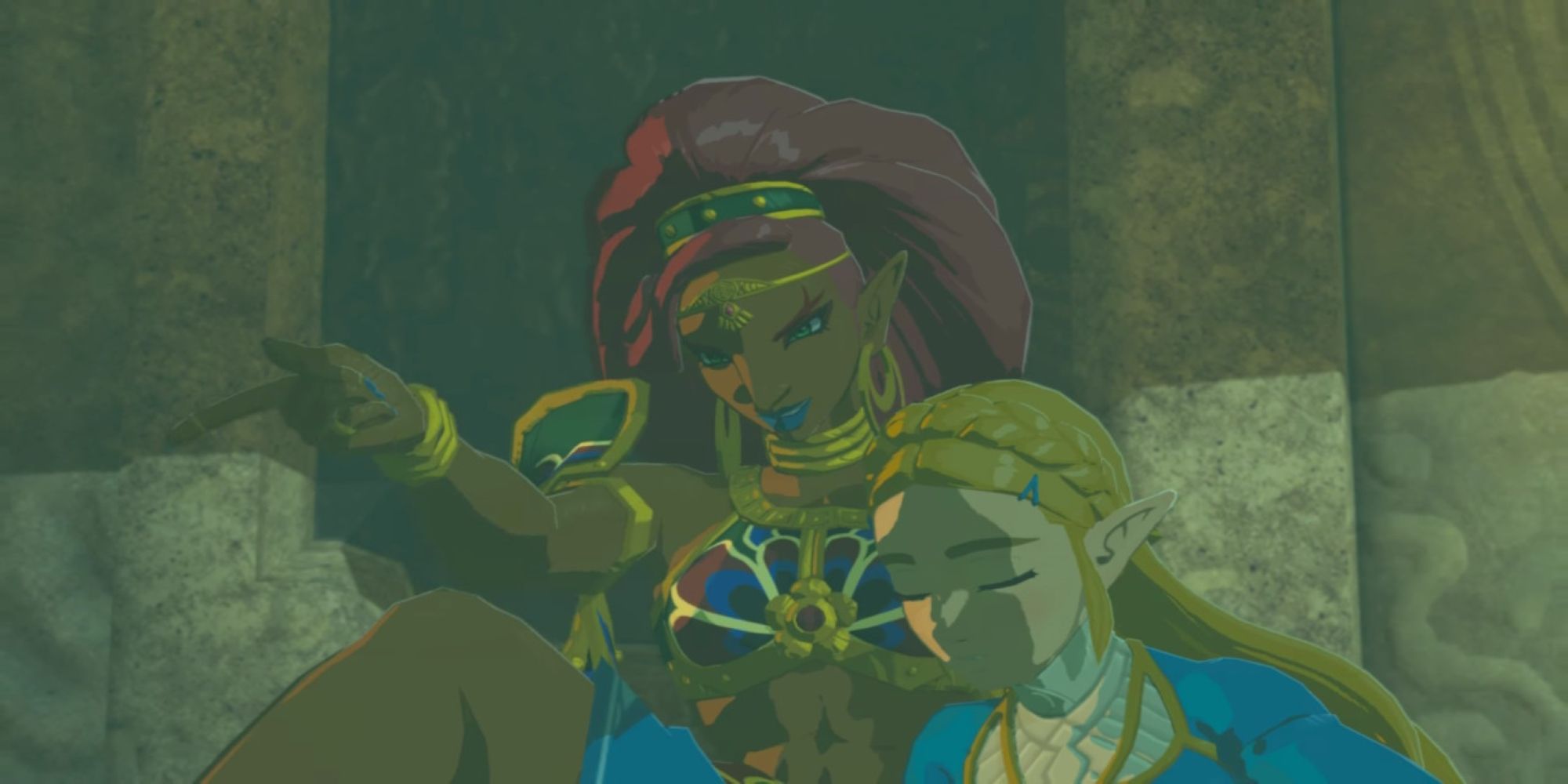 Urbosa from The Legend of Zelda: Breath of the Wild gestures to Link while Zelda leans on her to rest.