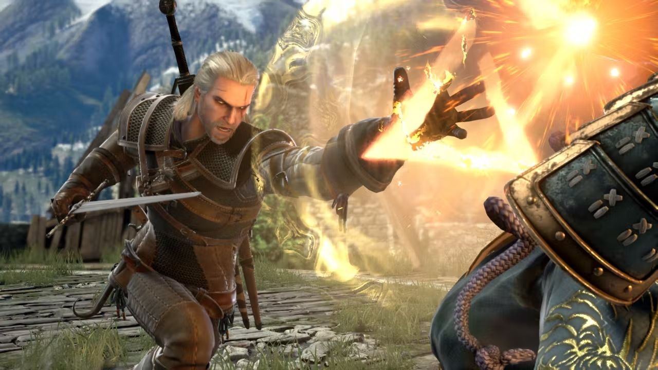 Geralt Performing a sign in combat on a castle