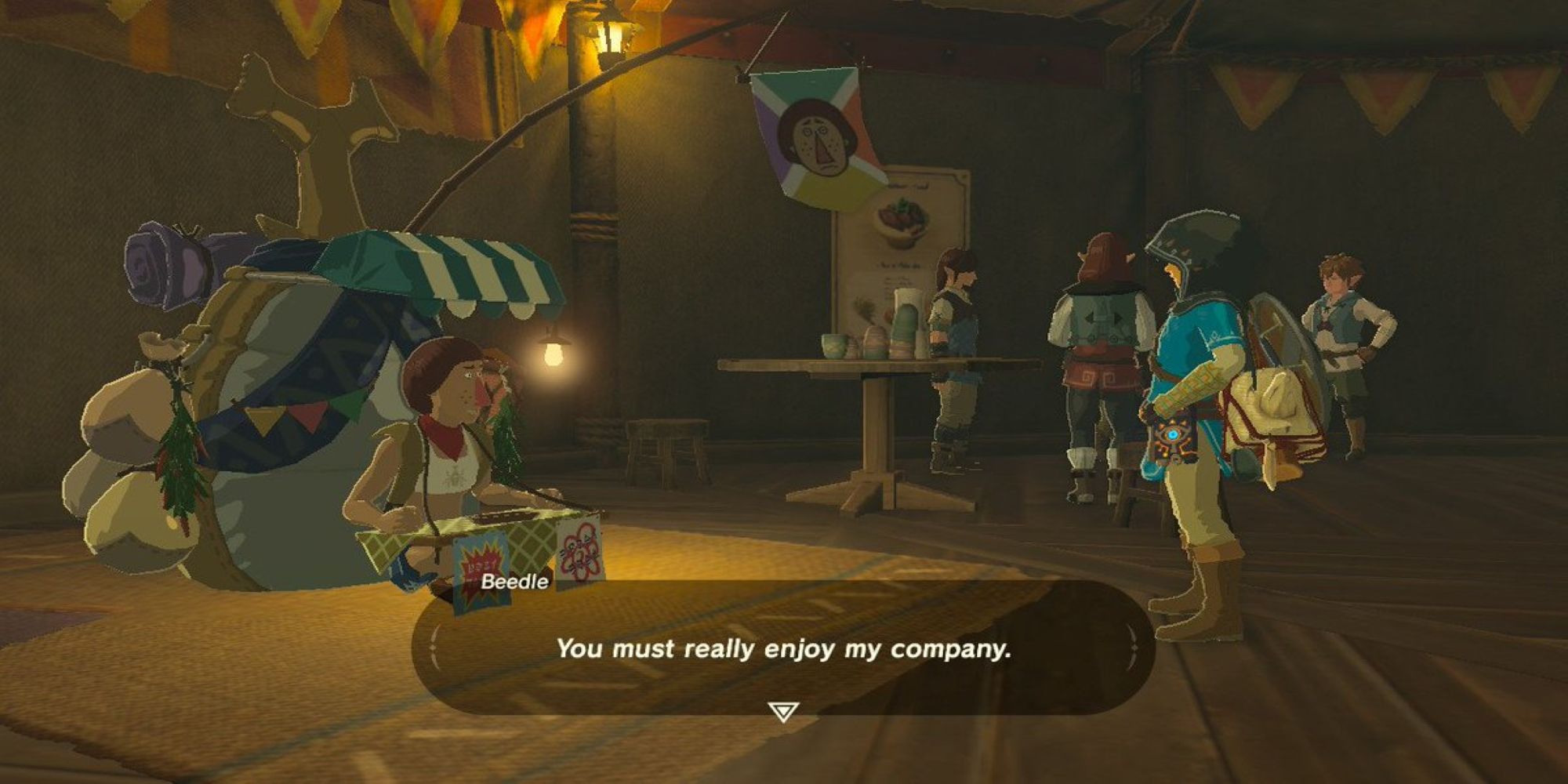Beedle from The Legend of Zelda: Breath of the Wild rests in an inn while noting Link's frequent visits.