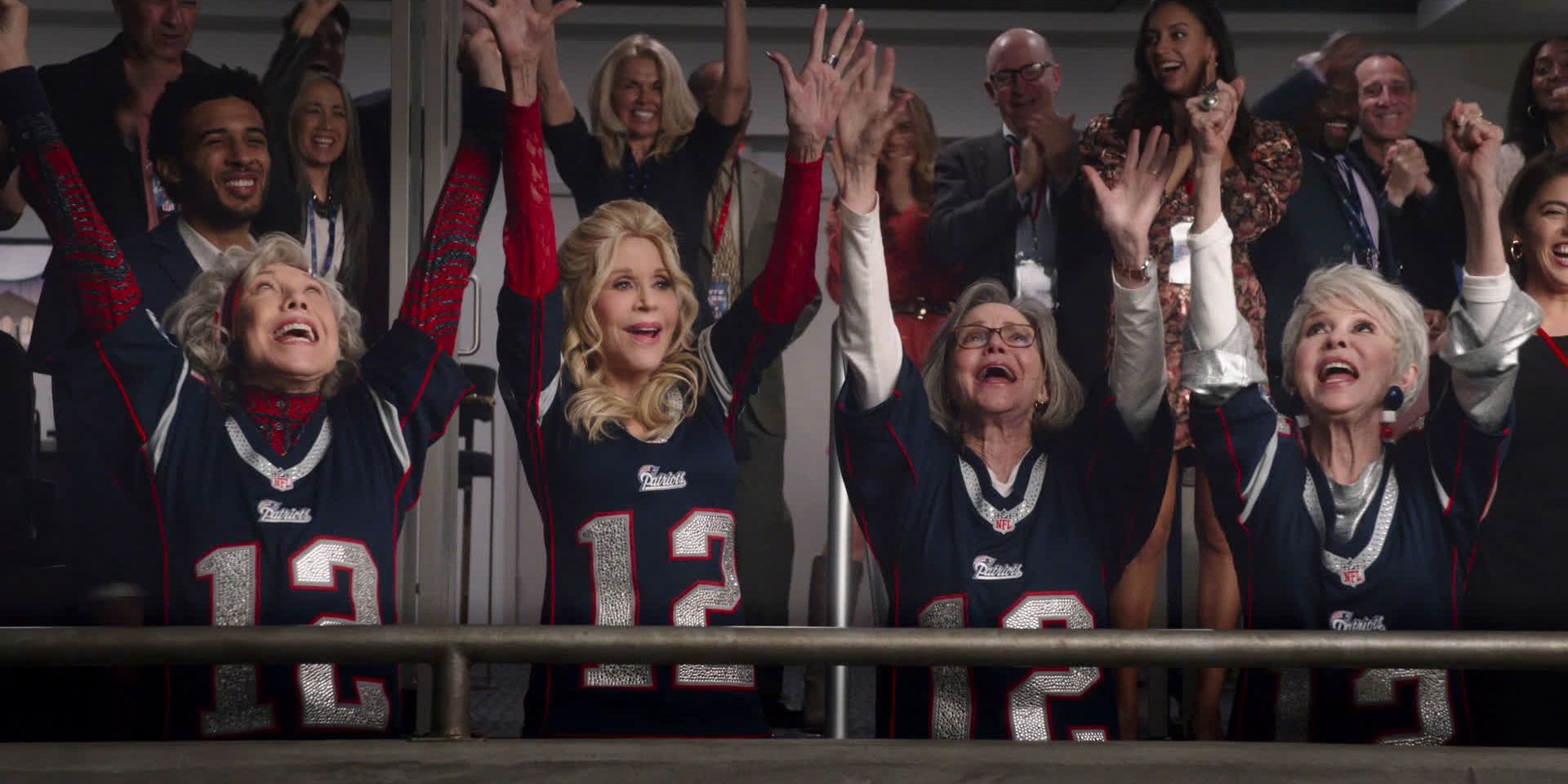 Jane Fonda, Sally Field, Lily Tomlin, Rita Monero cheering at a football game in 80 for Brady
