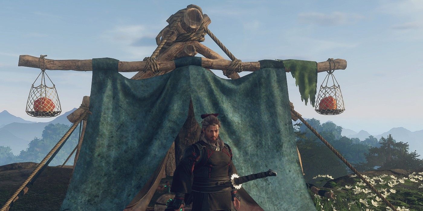A Hunting Tent in Wild Hearts, with a player character standing in front of it
