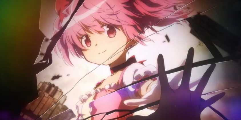Madoka reflected in shattered glass holds her handout to Homura.