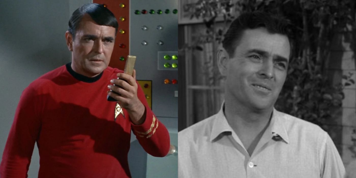 A split image of James Doohan in his roles in Star Trek and Twilight Zone