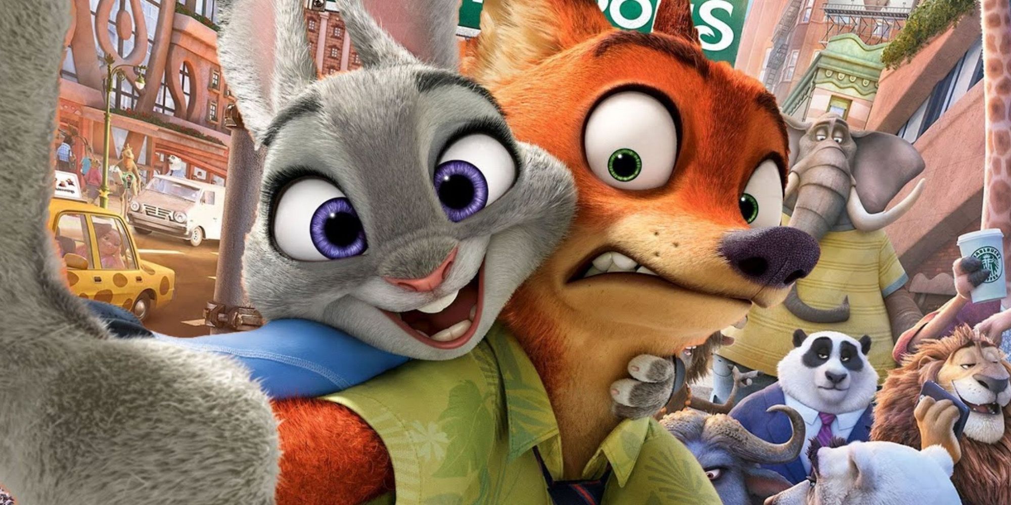 Judy and Nick are taking a selfie in Zootopia.