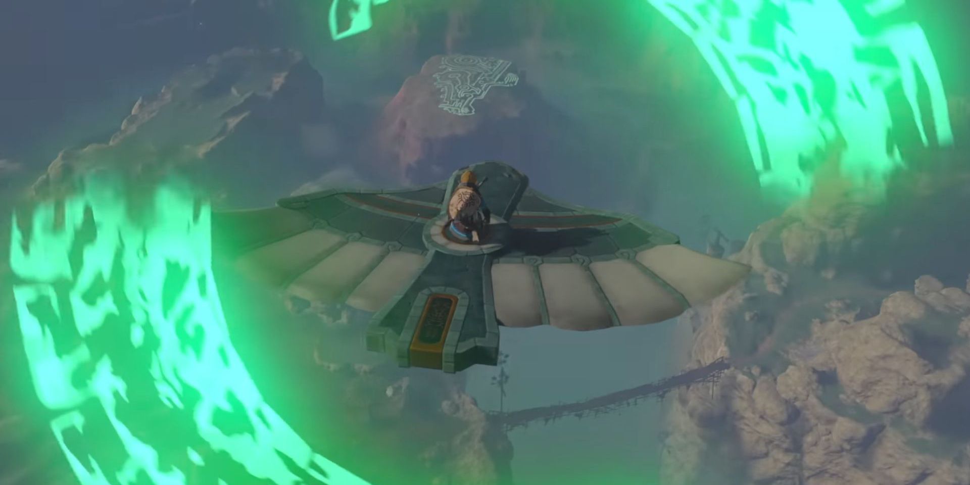 A still from the Tears of the Kingdom trailer shows Link riding a bird-like vehicle surrounded by a green vortex