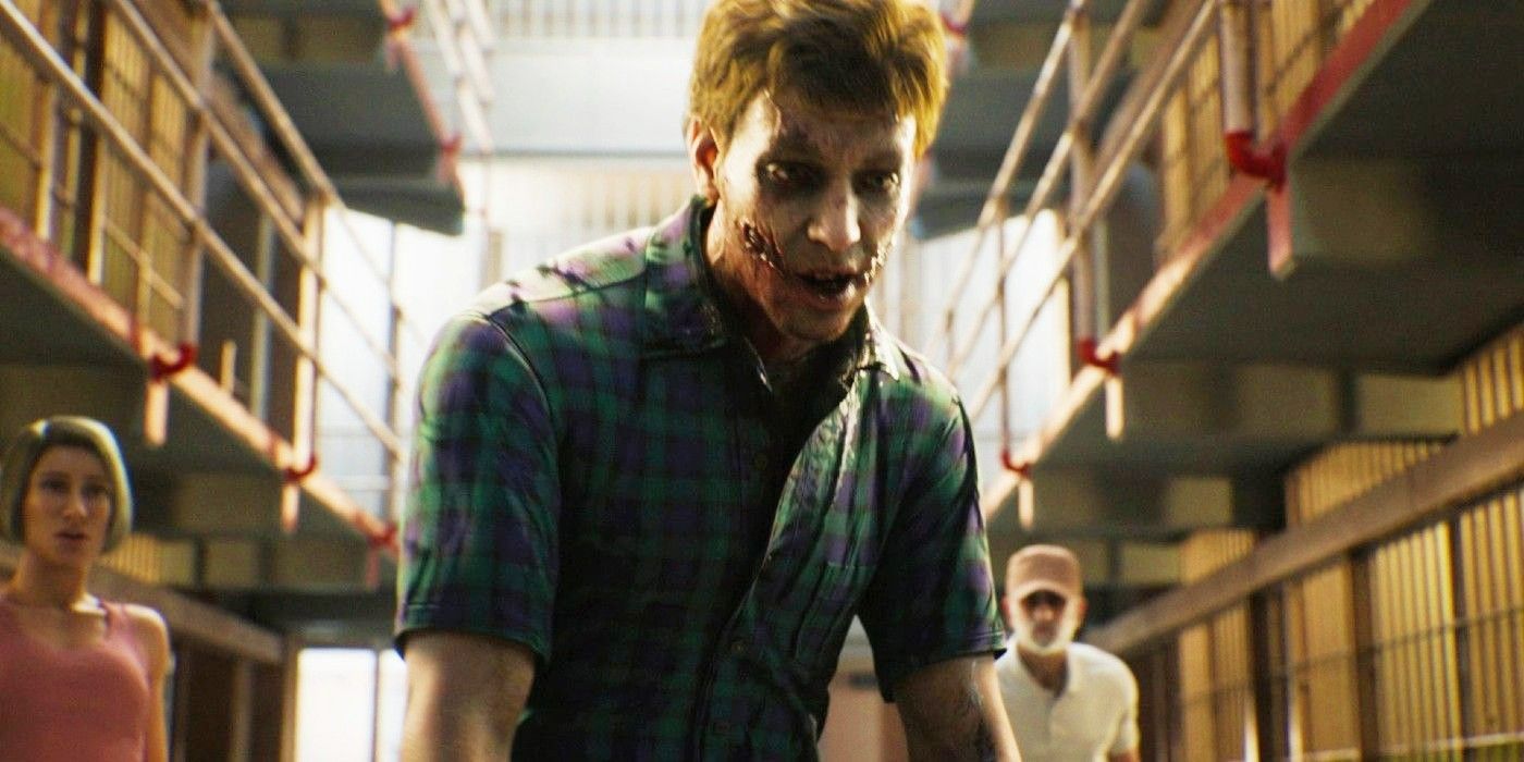 A zombified civilian talking in a prison in Resident Evil Death Island trailer