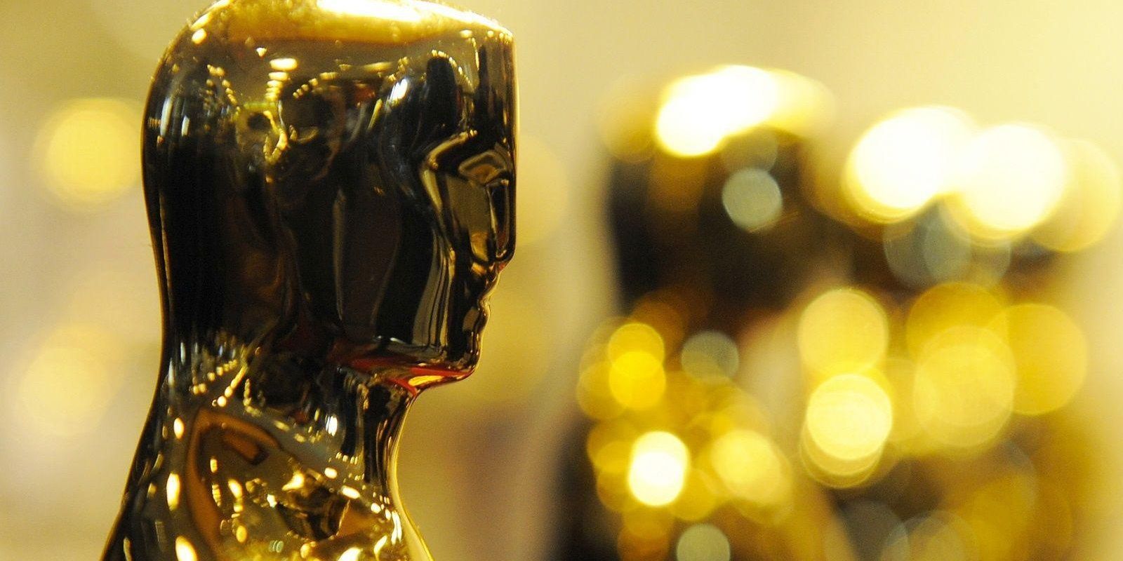 A closeup of an Oscar statue