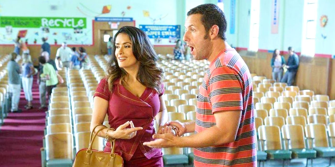 Adam Sandler and Salma Hayek Pinault in Grown Ups.