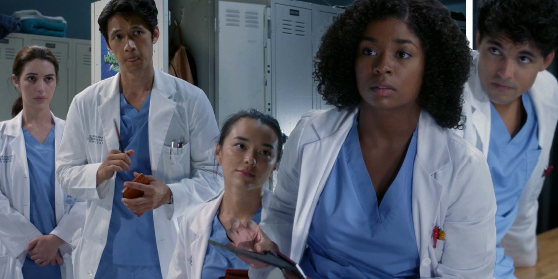 Adelaide Kane as Jules Millin, Harry Shum Jr. as Benson Kwan, Midori Francis as Mika Yasuda, Alexis Floyd as Simone Griffith, and Niko Terho as Lucas Adams in Grey's Anatomy S19E02