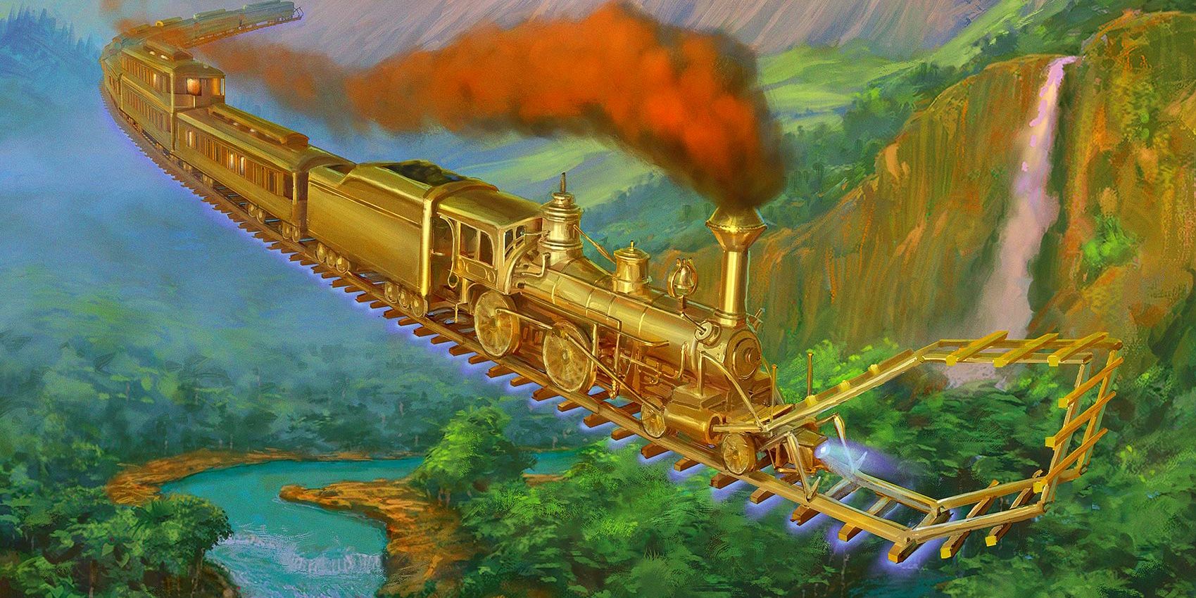 Magical train the Concordant Express flying over a lush tropical landscapeMagical train the Concordant Express flying over a lush tropical landscape.