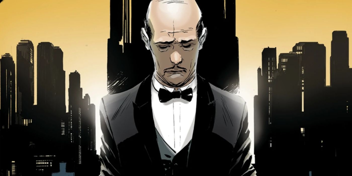 Alfred Pennyworth on the backdrop of Gotham City in Batman DC Comics