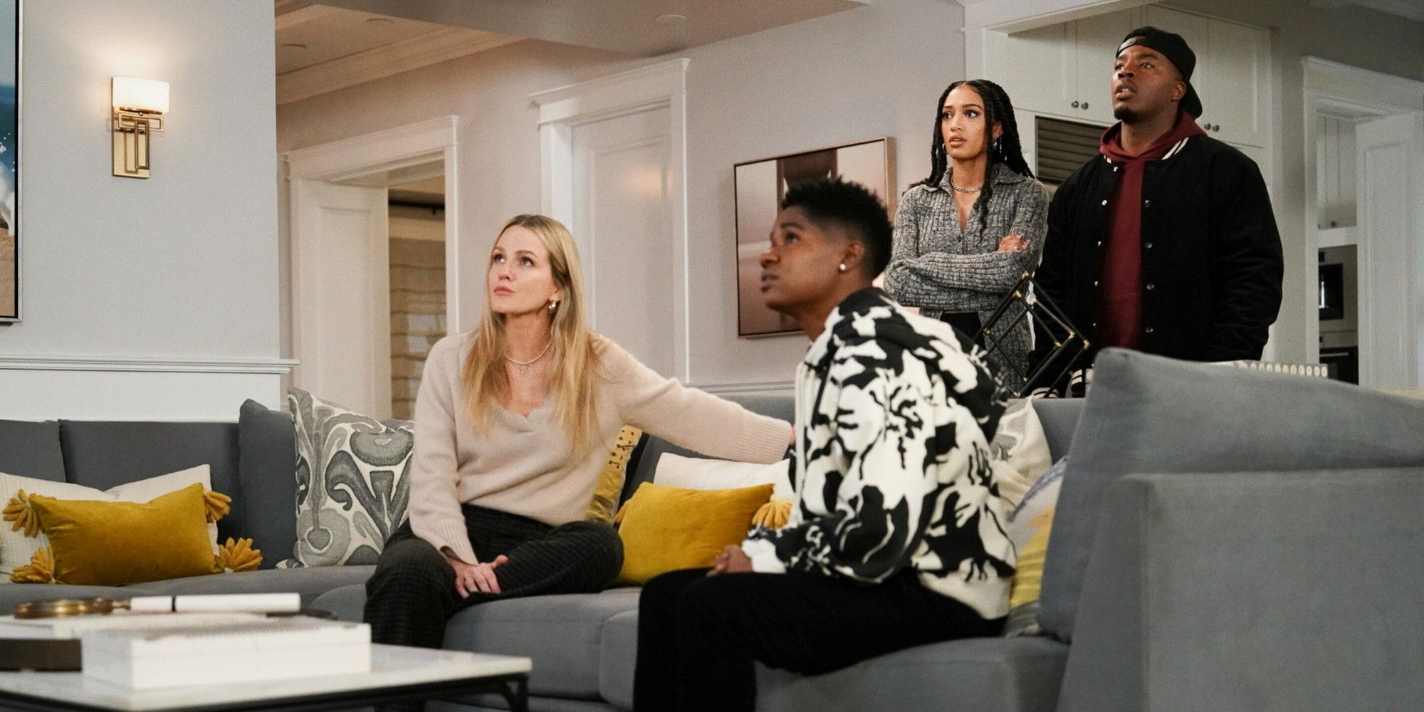 All American Season 5 Episode 11 Laura, Coop, Olivia, and Spencer looking off screen