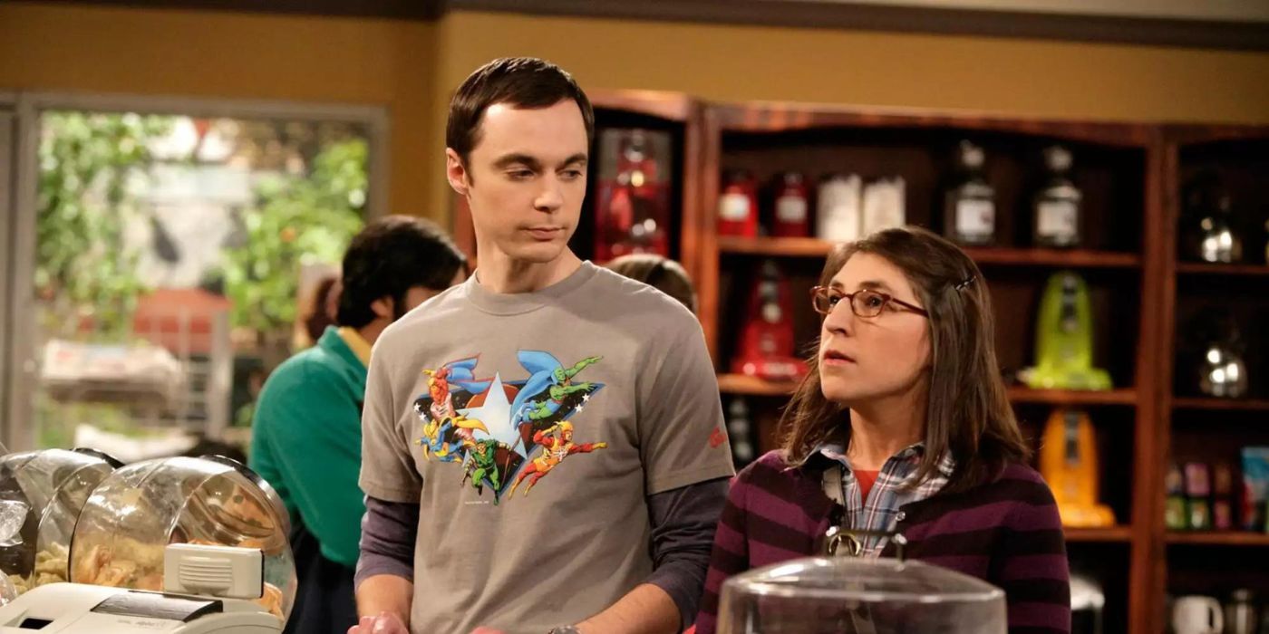 Amy and Sheldon at a cafe for their first date on The Big Bang Theory