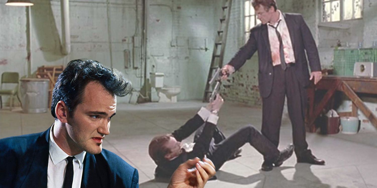 An image of Quentin Tarantino standing in front of two people holding guns against each other in Reservoir Dogs