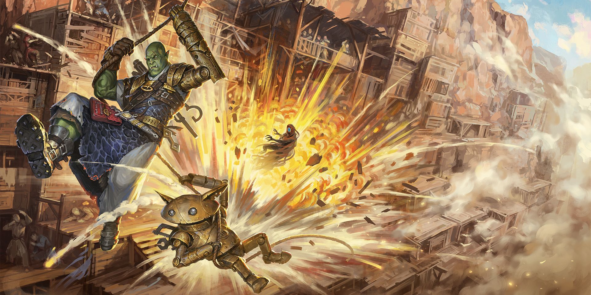 An orc and a small, mechanized creature escape from an explosion by swinging on a rope in the Pathfinder Adventure Path Outlaws of Alkenstar while a cloaked, clawed creature is caught in the middle of it