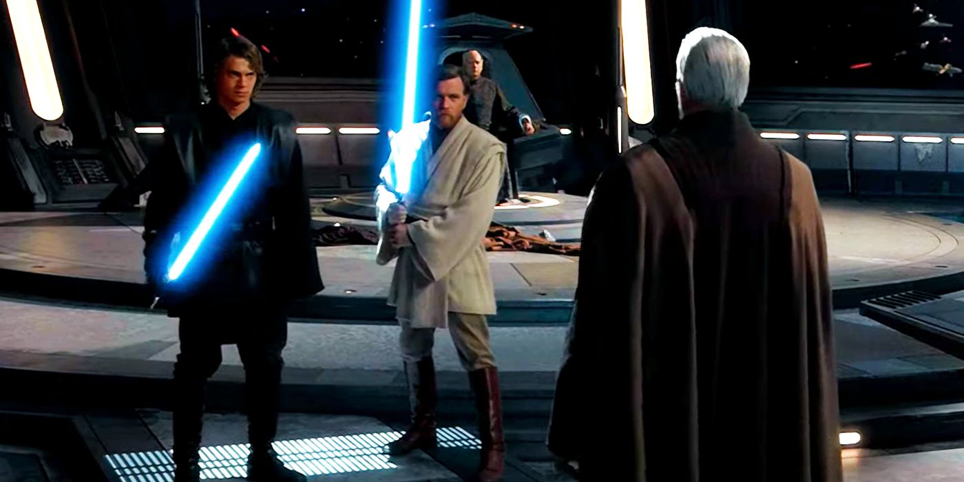 Anakin and Obi-Wan facing off against Count Dooku with lightsabers raised in Revenge of the Sith