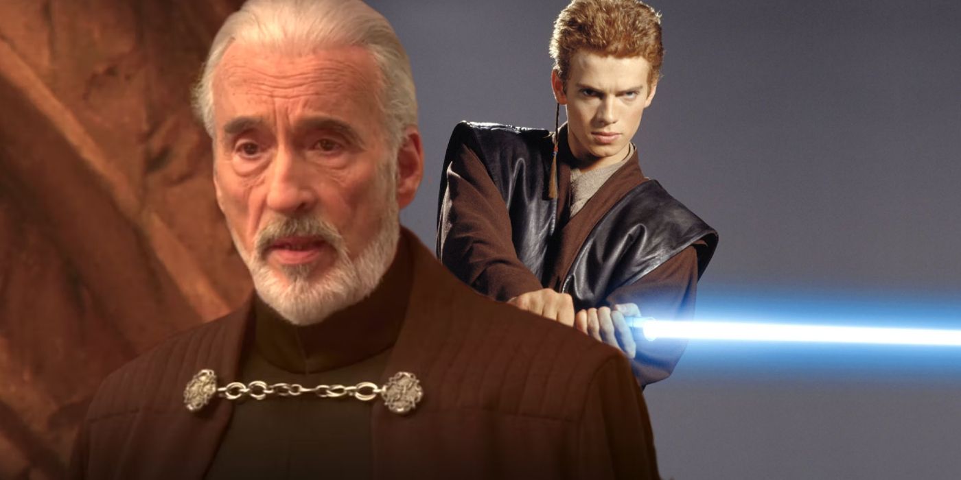 Anakin holding his lightsaber and Dooku looking despaired in Star Wars: Episode II - Attack of the Clones