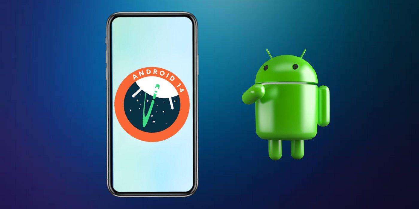 Android 14 Developer Preview 1 logo on a smartphone with white screen, next to the green Android bot Bugdroid