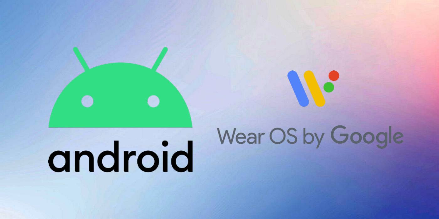 Android logo on the left and Wear OS by Google logo on the right on custom gradient background