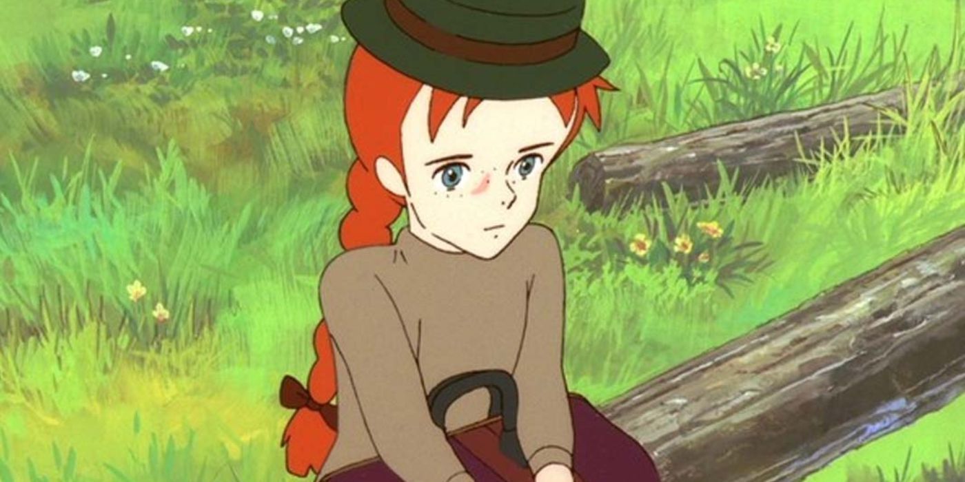 Anne sitting on a log in the Anne of Green Gables anime