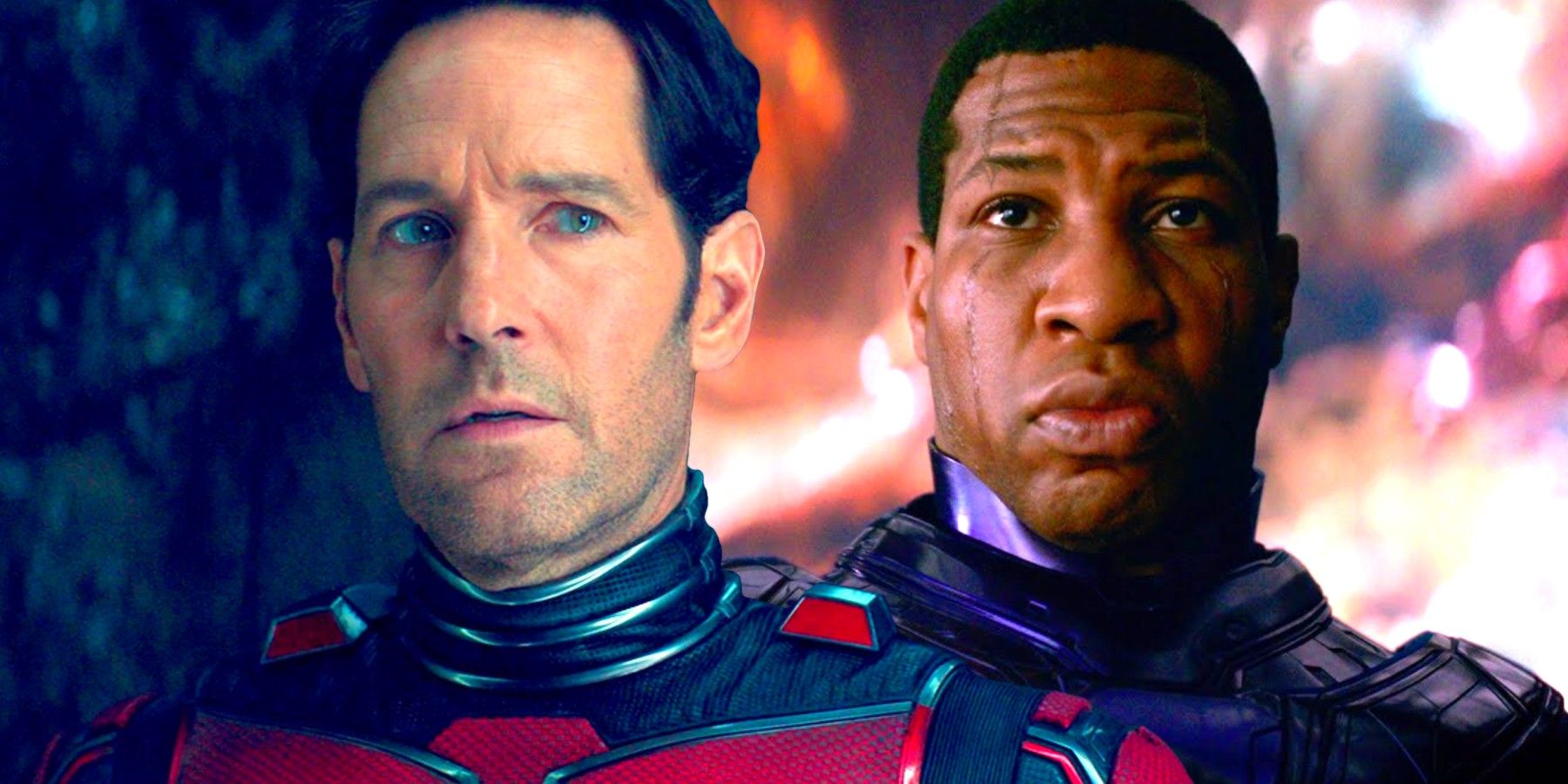 Paul Rudd como Scott Lang e Jonathan Majors como Kang em Homem-Formiga e a Vespa Quantumania