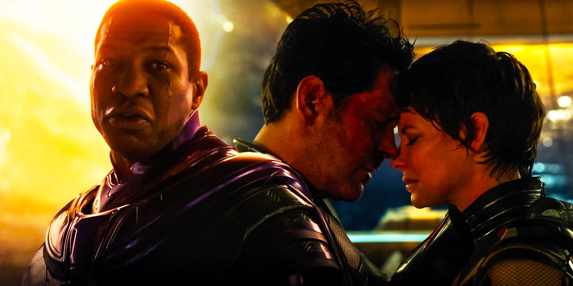 Split Image of Kang the Conqueror (Jonathan Majors) ready for battle; Scott Lang (Paul Rudd) and Hope van Dyne (Evangeline Lilly) touching foreheads in Ant-Man and the Wasp: Quantumania