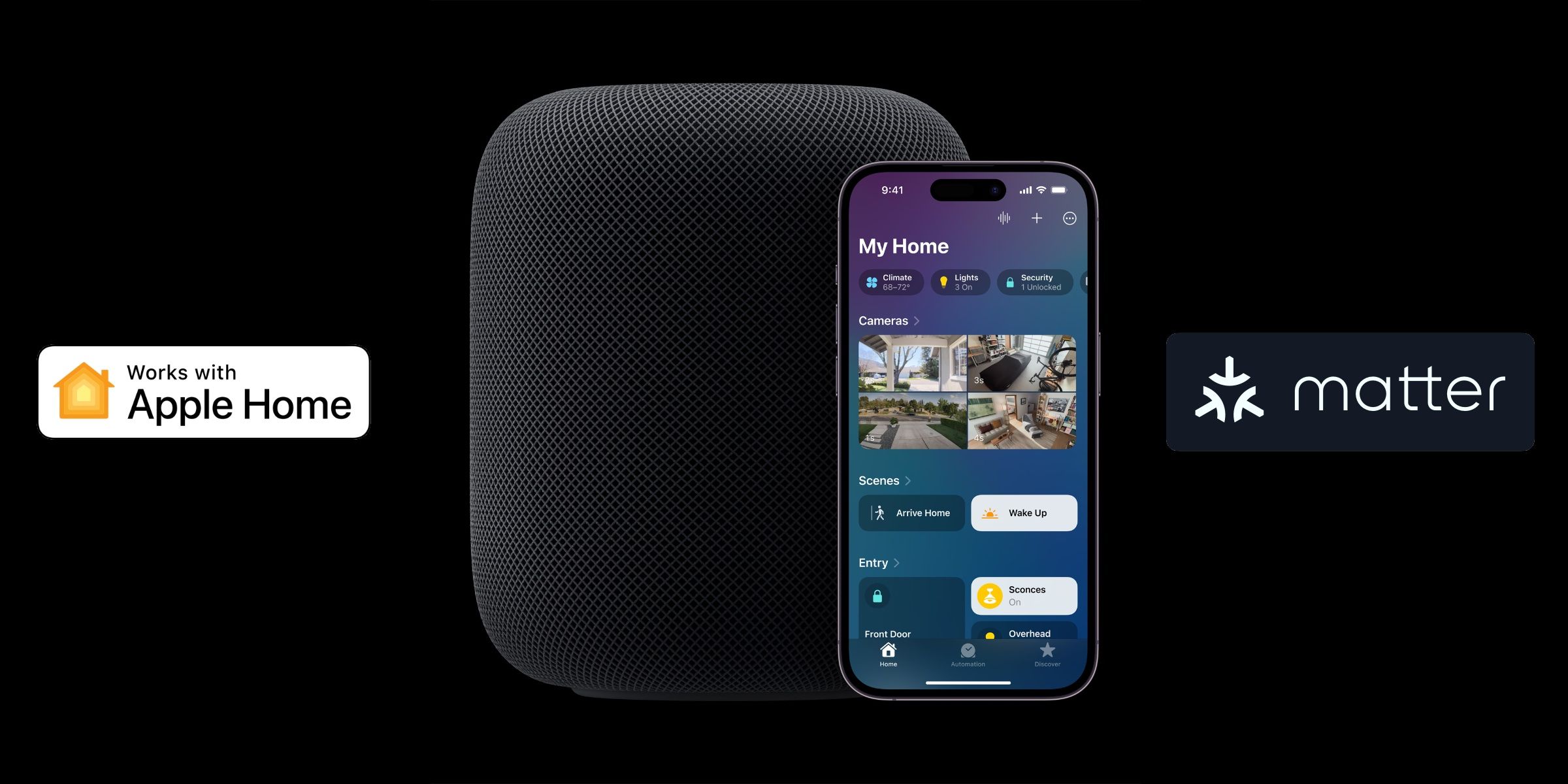 Apple Home Matter compatibility badges beside a HomePod and the Apple Home app.