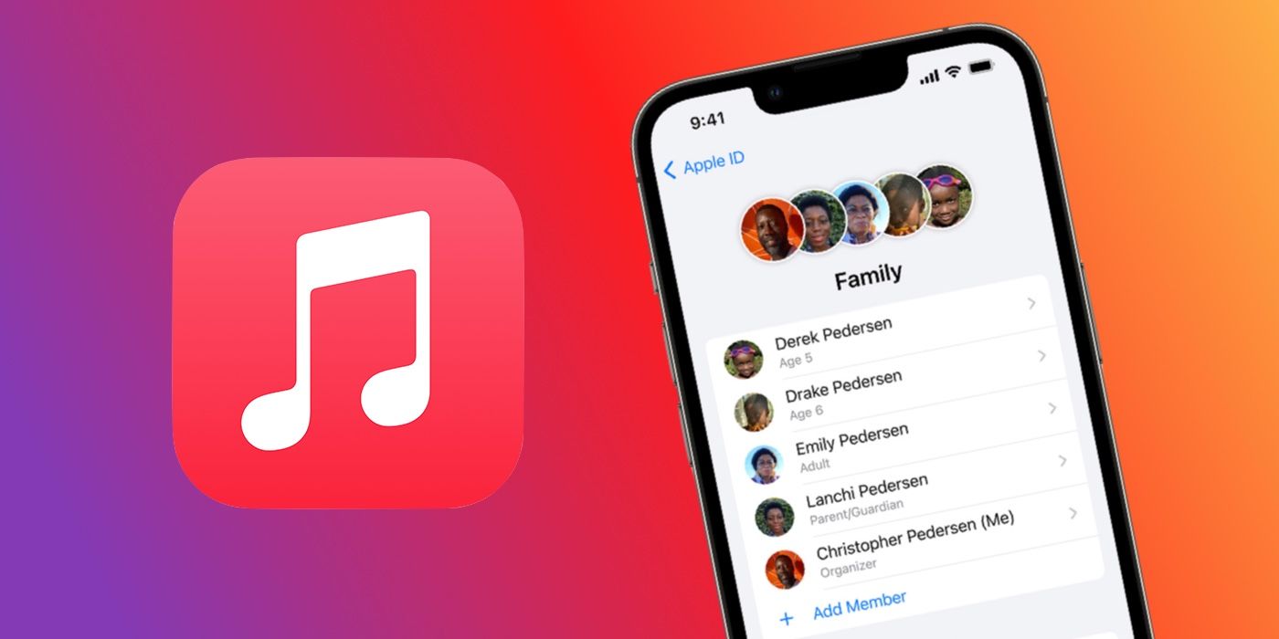Apple Music logo next to screenshot of Family Sharing account