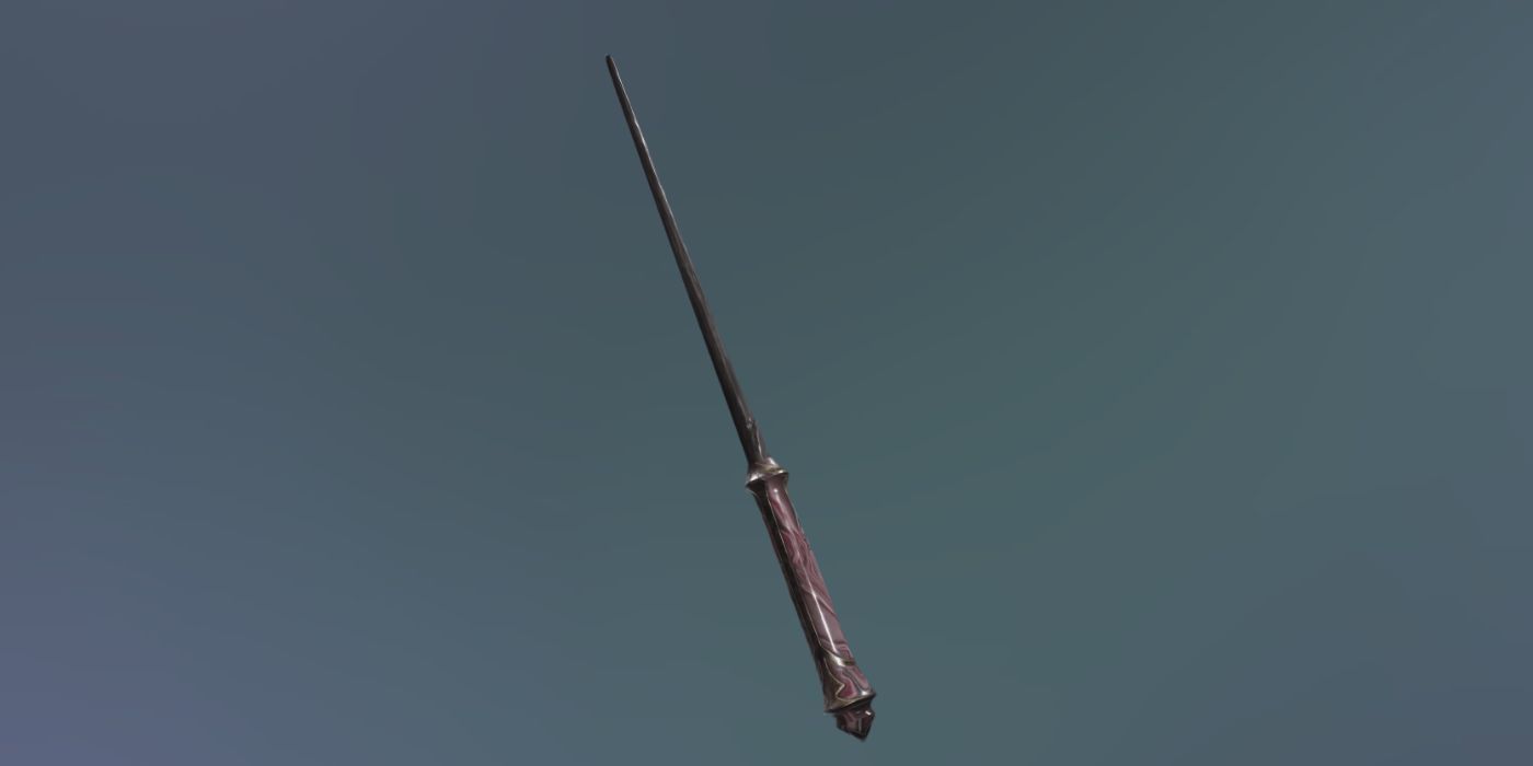 A render of the Arrow Pink Wand Handle on a black wand in Hogwarts Legacy.