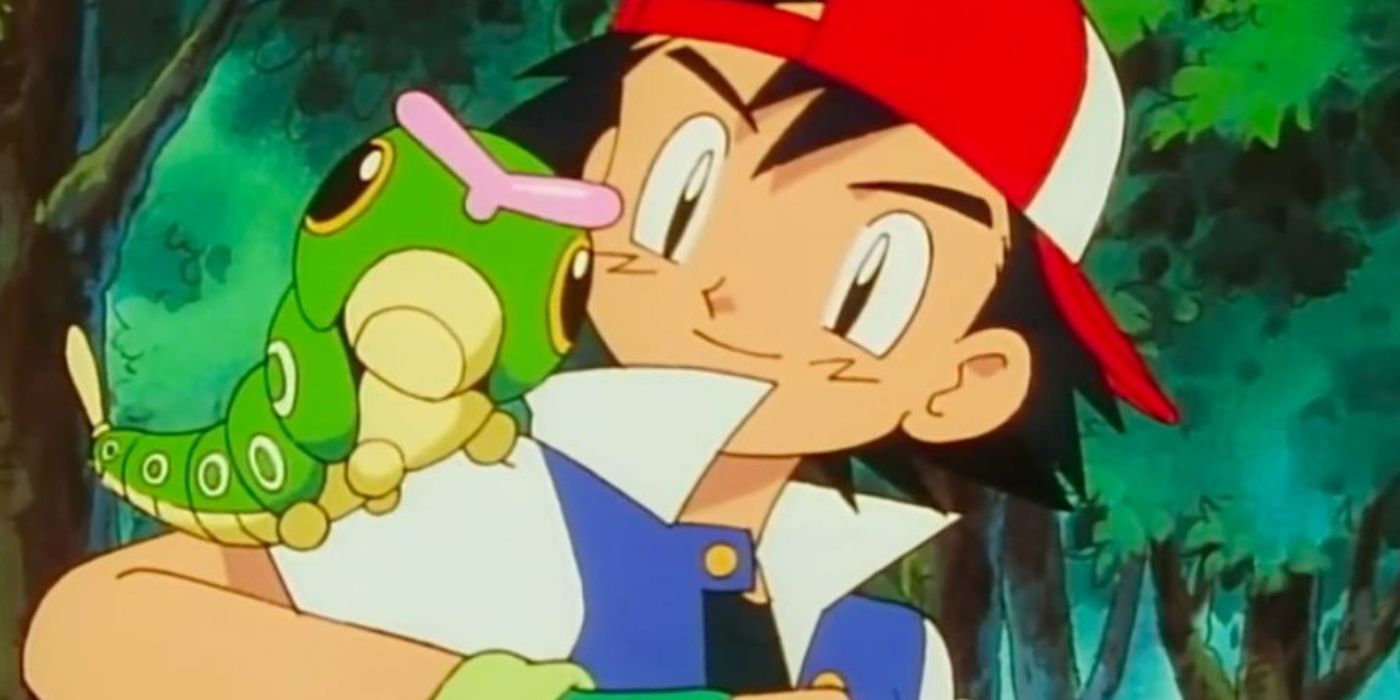 Ash with his second Pokemon, Caterpie.