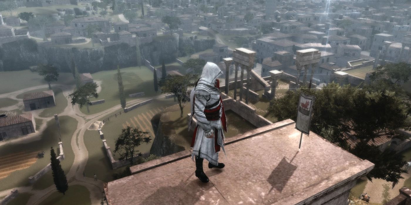 Altaïr standing on a building next to one of King Richard's Flags in Assassin's Creed.