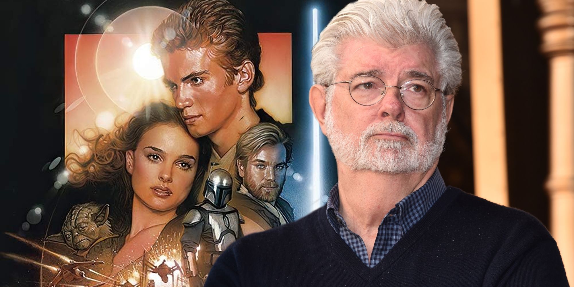 The official poster for Star Wars: Episode II - Attack of the Clones and Star Wars creator George Lucas.
