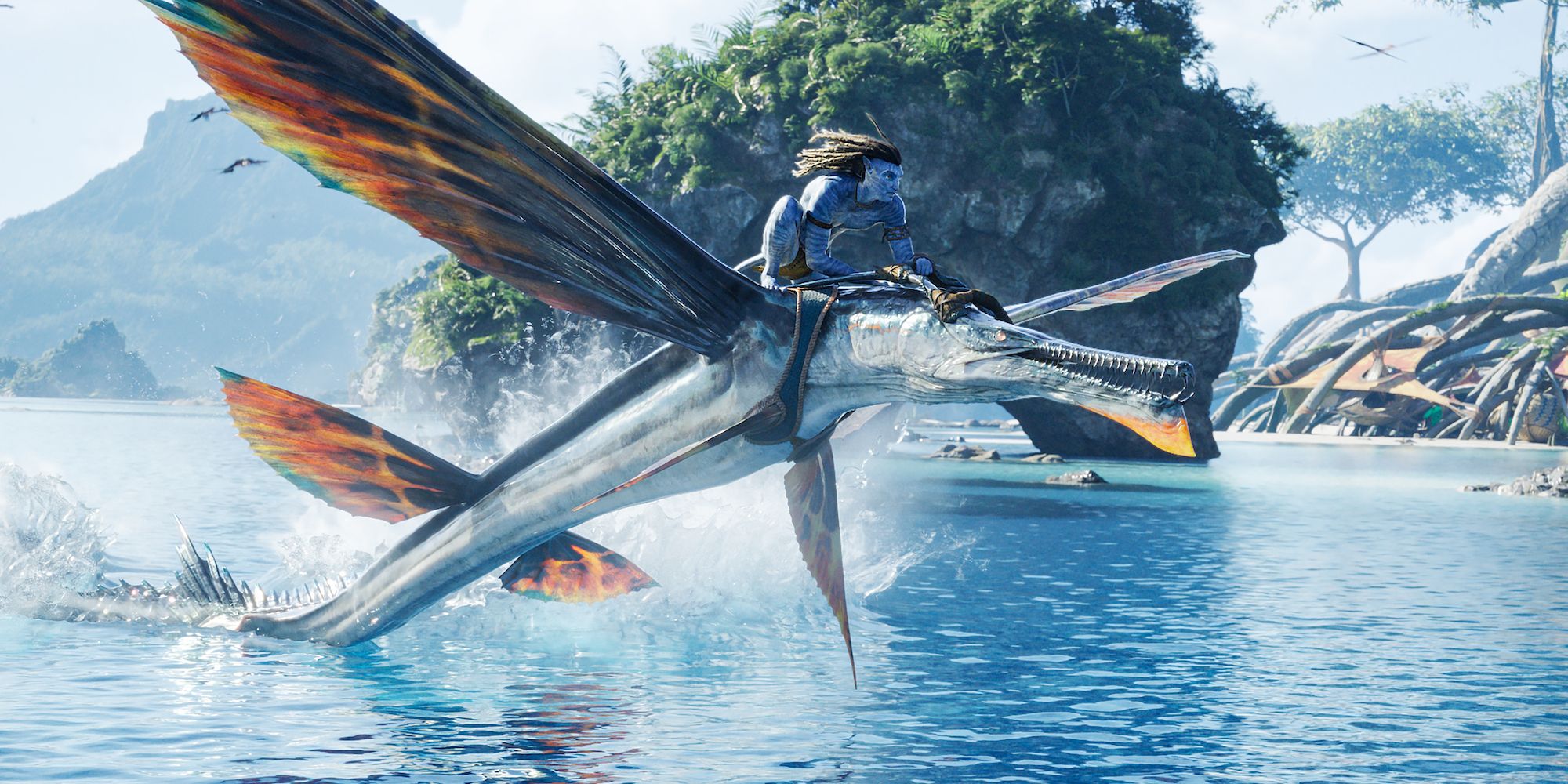 Jake riding on a sea creature in Avatar: The Way of Water