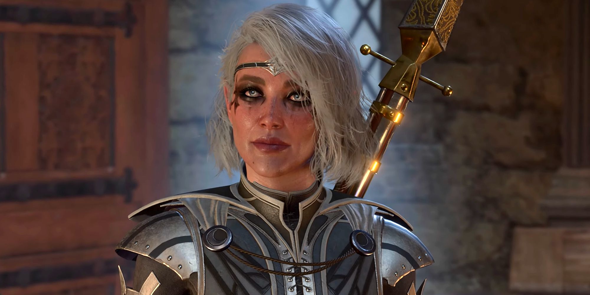 An NPC from Baldur's Gate 3, with white hair, silver armor, and a gold spear on her back.