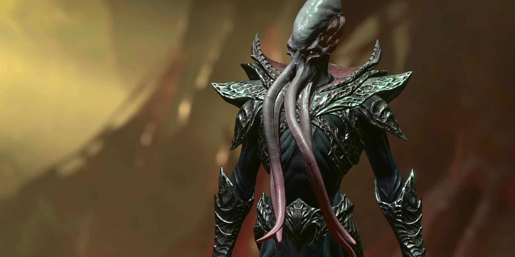 A screenshot from Baldur's Gate 3's release date reveal trailer showing a mind flayer, a humanoid creature with a squid-like head, where four tentacles protrude from its mouth and hang down to its waist.