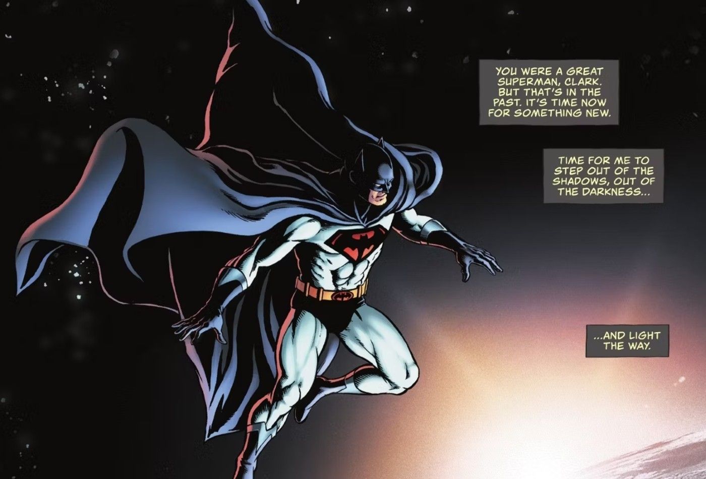 Comic book panel: Batman flying in space in a Superman-inspired costume.