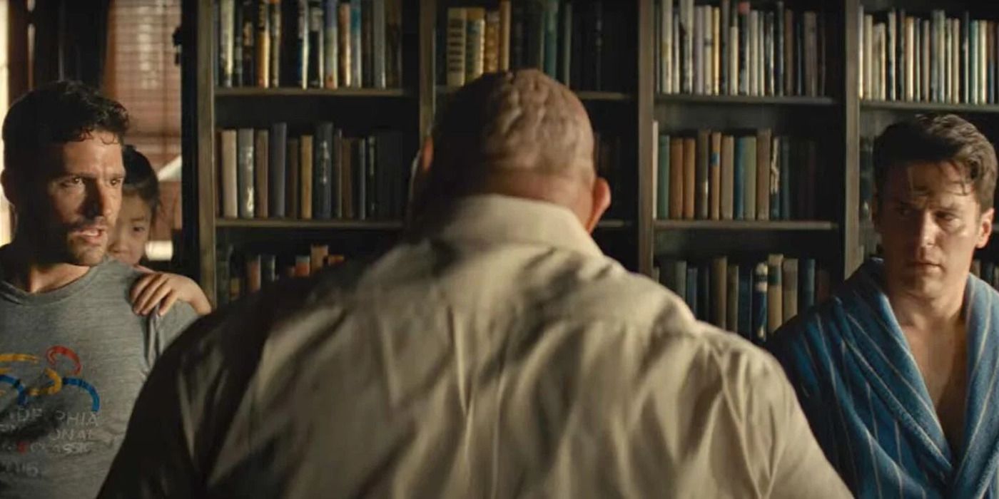 Ben Aldride and Jonathan Groff and Dave Bautista in Knock at the Cabin