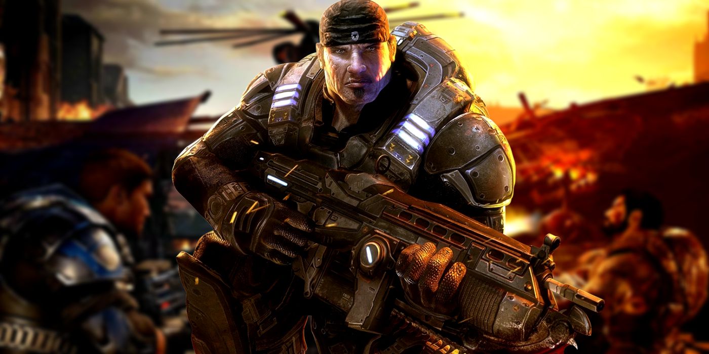 Marcus Fenix superimposed over blurry promotional art for the original Gears of War game